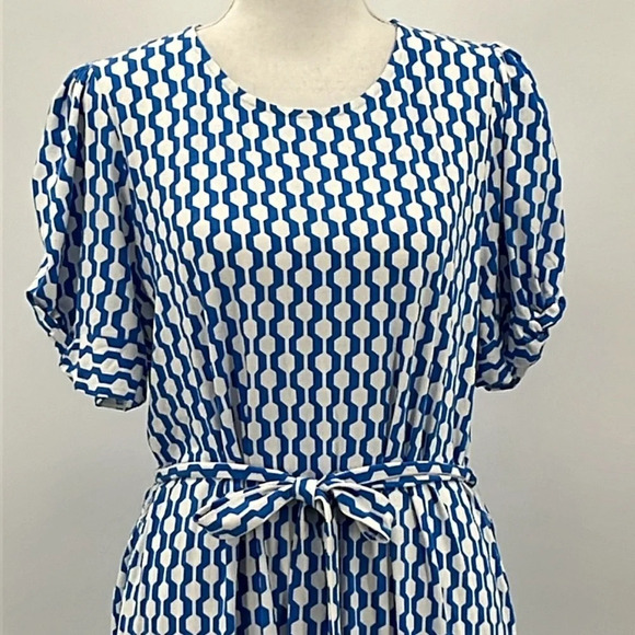 Boden Knot Detail Jersey Knit Geo Print Dress in Azure Blue & White - NWOT - 14R - Picture 3 of 8